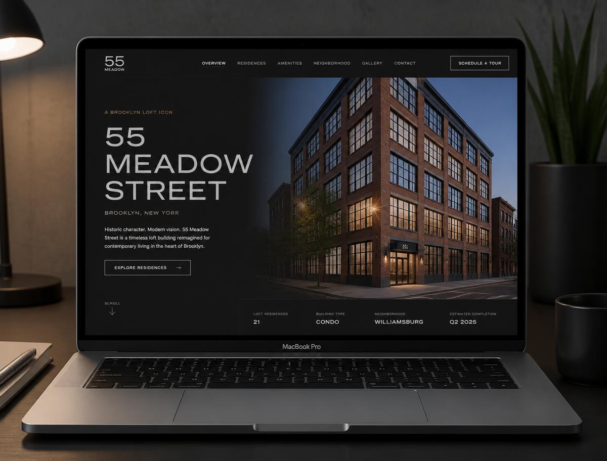 55 Meadow Street website on a laptop, dark property page