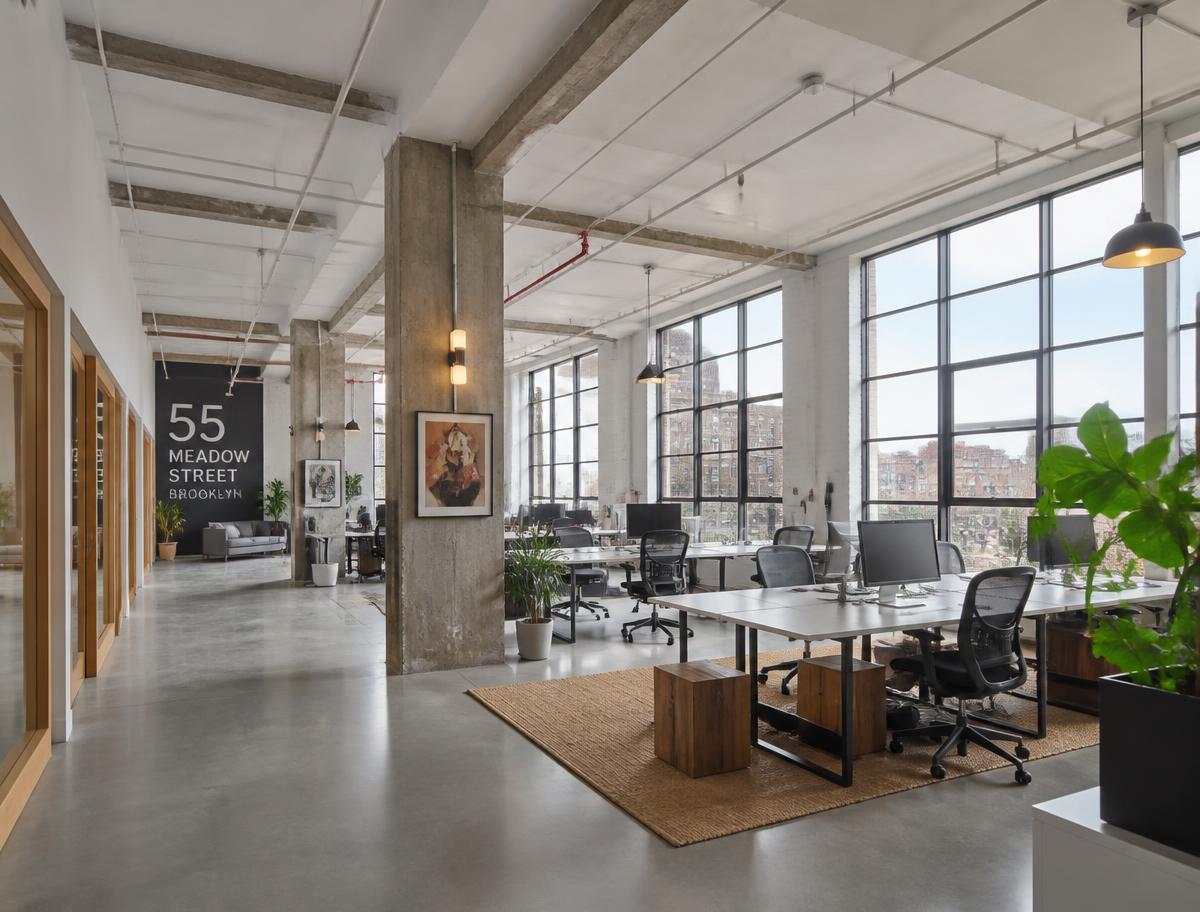 Bright loft office interior with exposed beams and city views