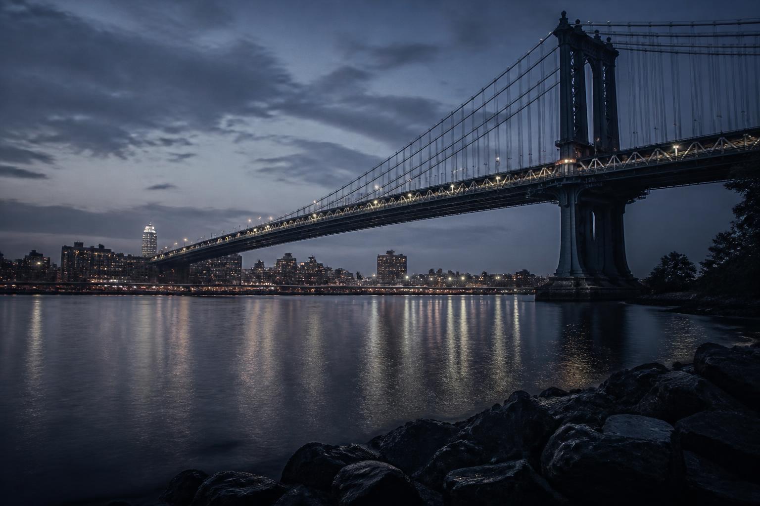 The Manhattan Bridge seen from Brooklyn Bridge Park across the water at blue hour