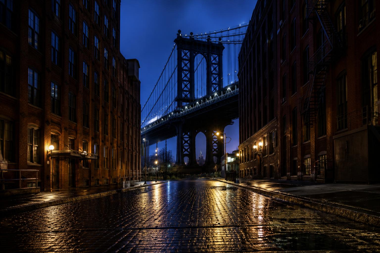 Washington Street in DUMBO looking toward the Manhattan Bridge at blue hour, wet cobblestones reflecting the street lights